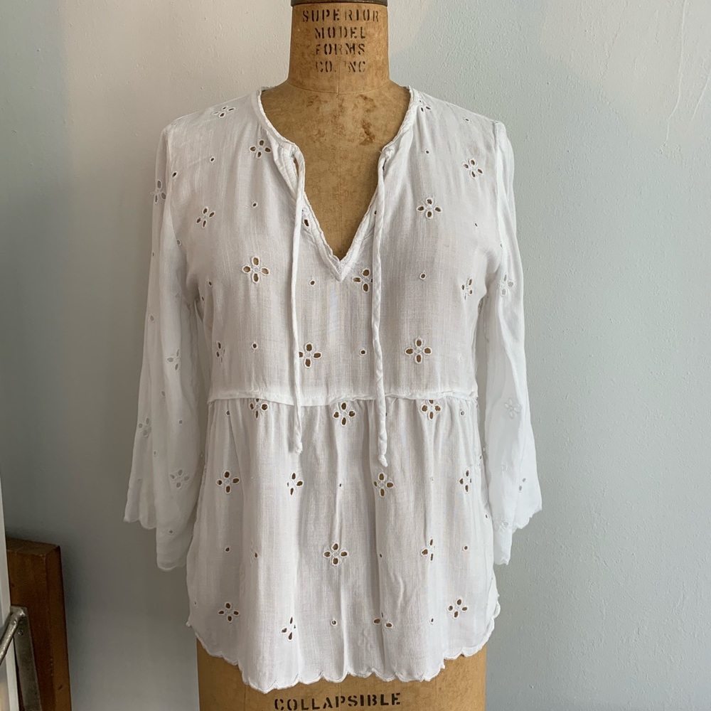 3/4 Sleeve Woven Eyelet Tie Front Blouse